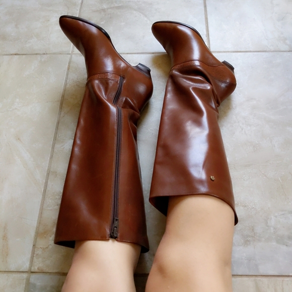 Vtg Etienne Aigner Caramel Leather Knee High Midi Heel Riding Boots 7M